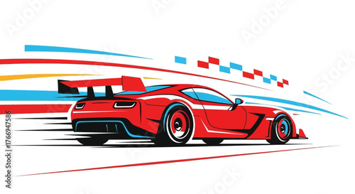 Dynamic illustration of a red sports car racing with motion blur and checkered flag accents