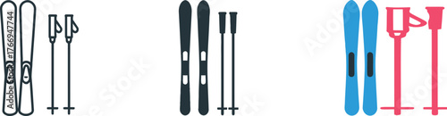 Set of skiing equipment with skis and poles for winter sports activities