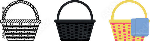 Set of Three Woven Baskets with Handles Depicted in Different Styles and Colors