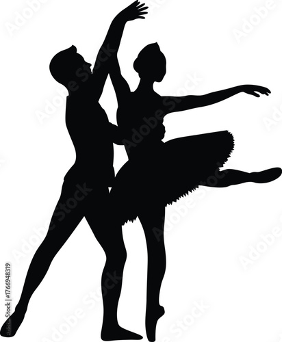 Silhouette of a male and female ballet dancers performing an elegant pas de deux on a white background