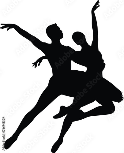 Elegant silhouette of a male and female ballet dancers performing a graceful pas de deux on a white background