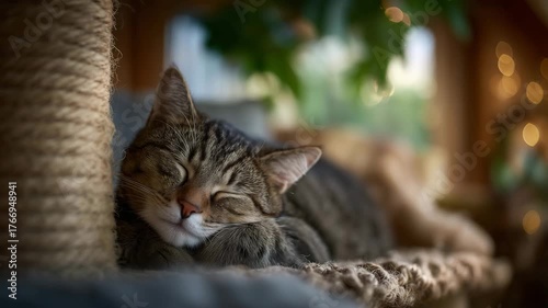 Small tabby cat sleeping on a scratching post, sunlit wooden floor and cozy interior, soft focus background adding to peaceful ambiance