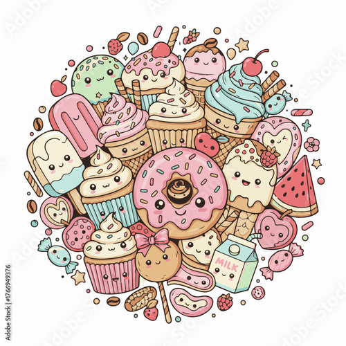 Cute Kawaii Sweets Collection — Cupcakes, Donuts, Ice Cream, and Candy in Pastel Colors