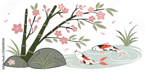 Serene Japanese garden scene with koi fish swimming gracefully beneath delicate cherry blossoms and lush bamboo