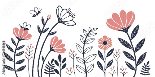 Charming garden scene with blooming flowers, delicate leaves, and playful bees, perfect for spring and summer themes