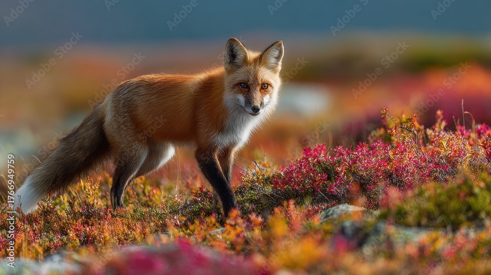 Obraz premium Red Fox Portrait in Autumn Tundra, Colorful Foliage, Sharp Focus