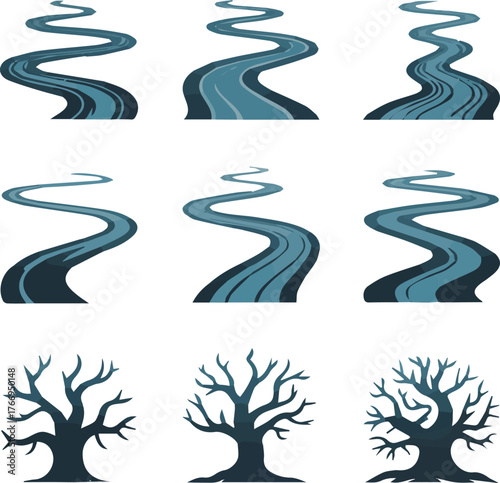 Winding blue river paths and bare silhouette trees in a graphic style water flowing
