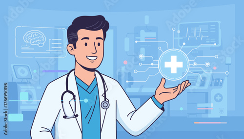 Smiling male doctor in white lab coat with stethoscope, presenting a glowing medical cross icon with digital network lines and brain scan display, representing advanced healthcare technology and