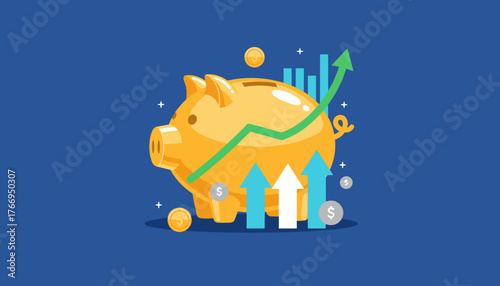 Vibrant golden piggy bank illustration symbolizing financial growth and savings, with upward trending arrows, coins, and a green graph against a solid blue background, representing investment success
