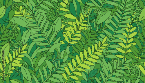 Seamless pattern of lush green tropical fern leaves and foliage, creating a vibrant and organic background with a natural, botanical feel, perfect for nature-themed designs and environmental projects.