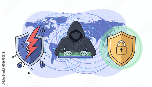 Anonymous hacker wearing a black hoodie sits at a keyboard, surrounded by a global network map, with a broken shield on the left and a secure shield with a padlock on the right, symbolizing cyber