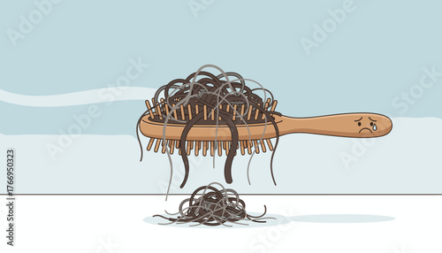 Cartoon illustration of a sad, crying hairbrush overloaded with tangled hair, with a pile of fallen hair on the surface below, symbolizing hair loss and thinning hair problems, presented in a simple