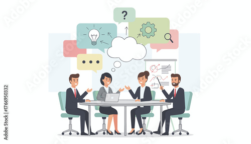 Diverse group of professionals engaged in a dynamic business meeting, brainstorming ideas with thought bubbles, lightbulbs, gears, and question marks, symbolizing collaboration, innovation, and