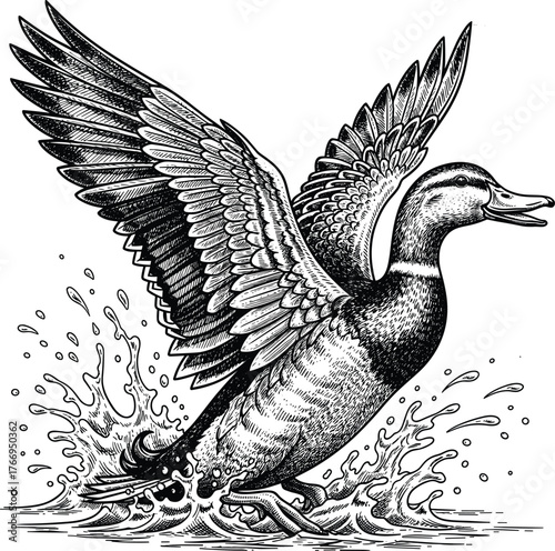 Vintage Engraving Mallard Duck Taking Off from Water: Hand Drawn Flying Wildfowl Splash