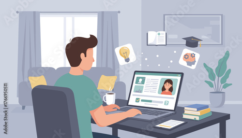 Young man studying online at home, engaged in e-learning with a laptop, coffee cup, and educational icons like a lightbulb, graduation cap, and brain with gears, symbolizing knowledge acquisition and