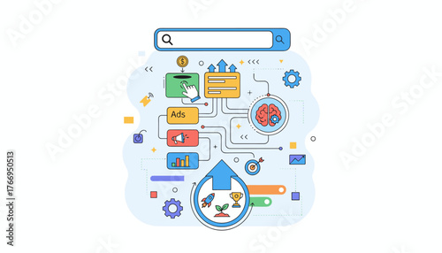 Pay-Per-Click (PPC) advertising concept illustration, showcasing search engine marketing strategy with icons for ads, clicks, growth, brain, target, and investment, representing digital marketing