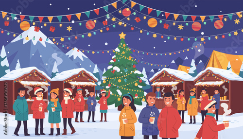Vibrant outdoor winter festival scene at dusk, featuring a decorated Christmas tree, snow-covered market stalls with festive lights, and diverse people enjoying the holiday atmosphere, with mountains