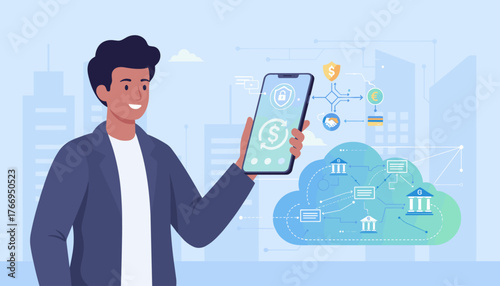 Modern open banking financial technology fintech concept illustration with a man holding a smartphone displaying secure transactions and cloud-based banking services, symbolizing digital finance and