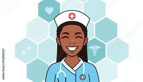 Joyful African American Nurse Portrait, Smiling with Eyes Closed, Wearing Blue Scrubs and Stethoscope, Set Against a Modern Hexagonal Background with Medical Icons like Heart, Caduceus, and Bandage
