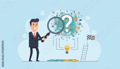Intelligent businessman with magnifying glass analyzing complex data charts and question marks, symbolizing problem-solving and strategic analysis, leading to a bright idea and ultimate success