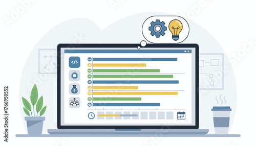 Modern flat illustration of a laptop displaying a project management dashboard with charts, icons representing coding, CPU, money, and teamwork, alongside a coffee cup and a potted plant, symbolizing