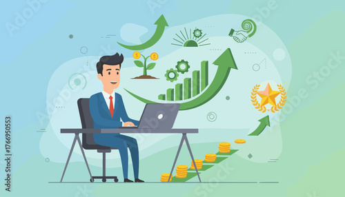 Vibrant illustration of a businessman working on a laptop, symbolizing profit increase, investment growth, and business progress, with elements like rising charts, coins, a money tree, gears, and a