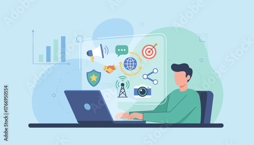 Digital marketing and public relations concept, illustrating a person interacting with a laptop displaying various icons representing communication, analytics, networking, and target achievement