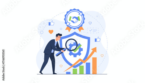 Quality Assurance and Control Concept: A businessman in a suit examines a gear and checkmark within a shield using a magnifying glass, symbolizing meticulous inspection and process optimization, with