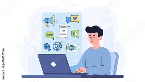 Digital marketing and public relations concept, a young man working on a laptop with social media icons like megaphone, chat bubbles, video, like button, globe, target, and camera, representing