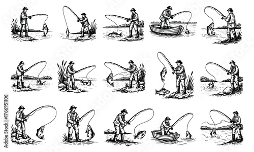 Vintage Engraving Fisherman vector art Illustration design set Collection

