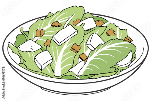 Healthy Caesar Salad Bowl Vector Artwork on White