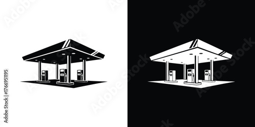 Isolated Gas Station Building With Pumps in Black and White on Transparent Background