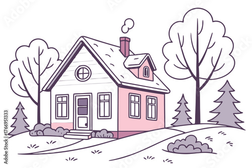 Cute Pink House with Snow Roof Winter Scene Vector Illustration