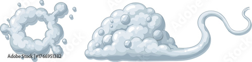 Cartoon clouds, vapor shapes, fluffy texture, motion effect, abstract weather, soft puff, trailing tail, stylized design, dreamy sky, atmospheric icon