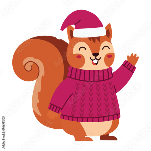 Cute cartoon squirrel wearing Christmas Santa hat and winter sweater