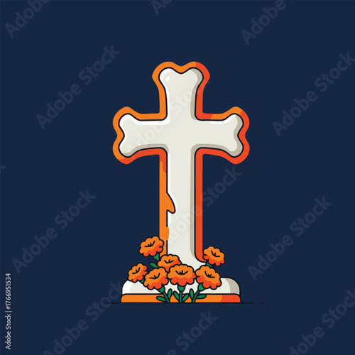 Stylized Cross Tombstone with Marigold Flowers Day of the Dead Theme