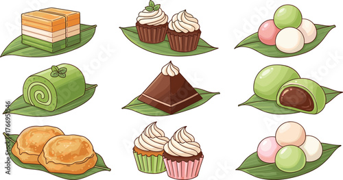 Cartoon desserts, sweet treats, mochi balls, cupcakes, cream puffs, chocolate pyramid, rolled cake, pastel colors, leaf plate, food illustration