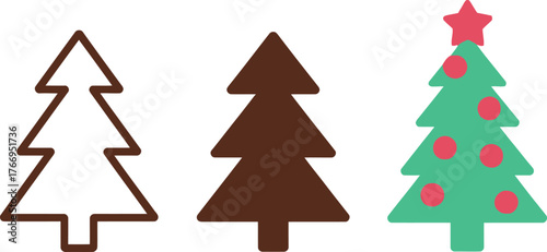 Three Christmas trees in various styles and colors isolated on white background vector illustration