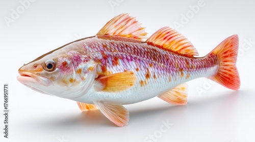 Detailed Close Up Studio Portrait of a Single Red Finned Fish with Intricate Scales and Speckled Pattern on a Clean White Background