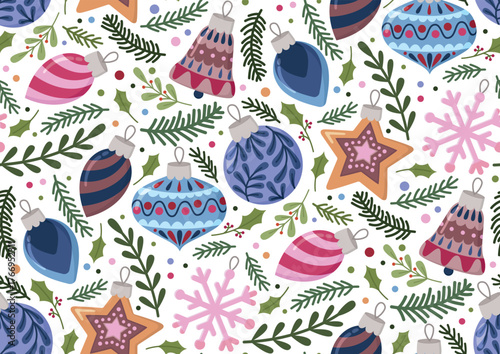 Seamless background with Christmas decorations and pine branches. Festive pattern with New year's elements and plants	