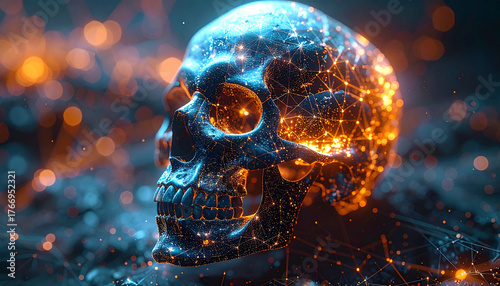 Digital Skull with glowing Lights: An intriguing digitally created skull glows with vibrant light patterns, symbolizing the fusion of life and technology in a mesmerizing display. 