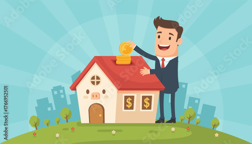 Cheerful businessman in a suit deposits golden coins into a piggy bank shaped like a house, symbolizing savings and investment in real estate, set against a backdrop of a city skyline and a sunny sky
