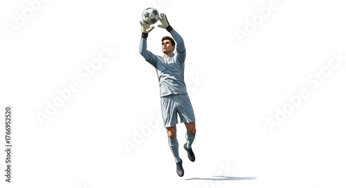 Dynamic soccer goalkeeper leaps to catch ball with intense focus, ready to make a game winning save