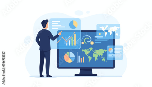 Business data analytics research concept with a man in a suit interacting with a futuristic interface displaying charts, graphs, world maps, and financial data, representing global market trends and