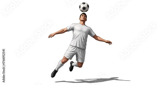 Dynamic soccer player leaping high to powerfully head the ball, showcasing athletic skill and intense focus on a clean white background