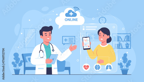 Doctor online virtual hospital at home, online medical consultation via smartphone, doctor in white coat with stethoscope and patient with phone, health care technology, telemedicine concept, medical