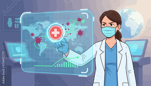 A determined female doctor wearing a mask and gloves, interacting with a futuristic holographic interface displaying a world map with COVID-19 virus icons, a medical cross, and a rising graph
