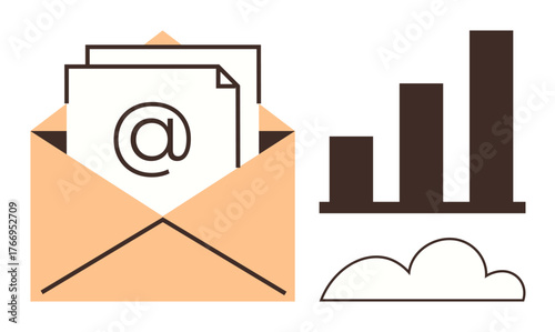 Envelope with email icon, bar chart, and cloud. Ideal for communication, statistics, business growth, marketing, data storage online services and progress tracking. Simple flat metaphor