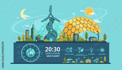 Vibrant illustration depicting a futuristic cityscape powered by renewable energy sources, featuring a stylized electric windmill and a large solar panel array, symbolizing Earth Hour and