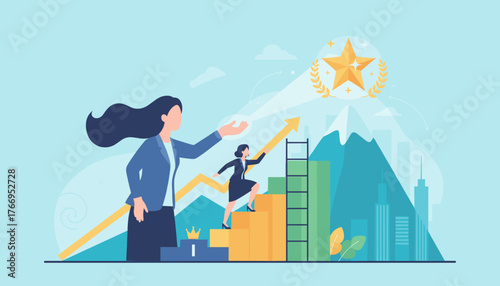 Empowerment and encouragement concept: A large businesswoman mentors a smaller one climbing a ladder of success towards a golden star award, symbolizing career growth, achievement, and reaching goals